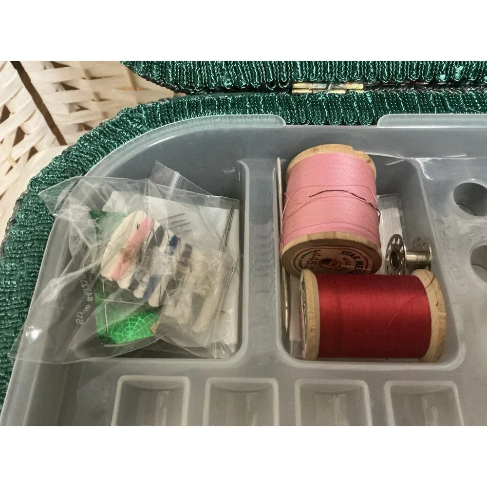 Vintage 1970s AZAR Floral Tapestry Sewing Basket Green Handles Full‎ Threads